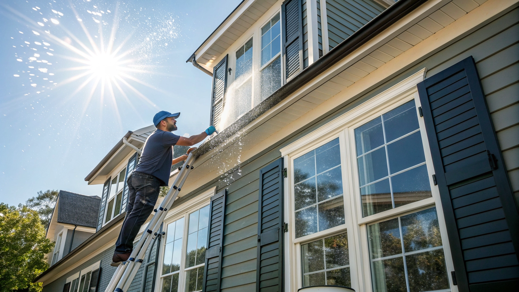 Professional window cleaning service for a residential house